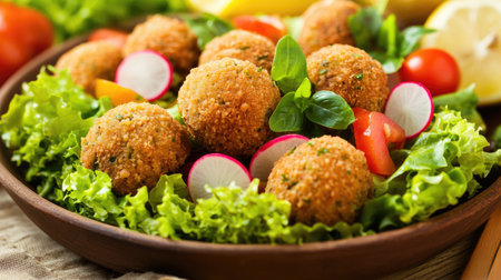 Enjoy this vibrant platter of golden brown falafel served on a bed of fresh greens, adorned with radishes and cherry tomatoes, perfect for any meal.の素材