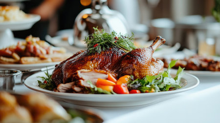 A close-up view of a beautifully roasted duck served on a platter, garnished with fresh herbs and colorful vegetables, perfect for a festive meal.の素材