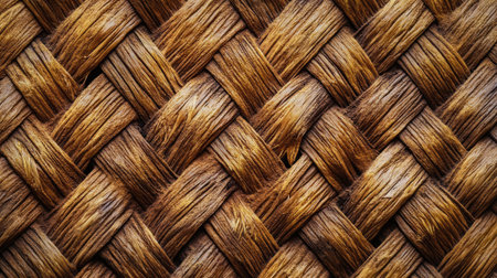 This close-up image showcases the intricate texture of a natural fiber rope. The warm brown tones and detailed weaving create a rustic aesthetic, perfect for design use.の素材