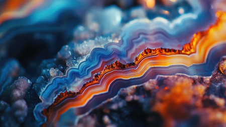 Explore the intricate patterns and vibrant colors of this stunning agate geode in a detailed macro shot. Perfect for nature and geology enthusiasts.の素材