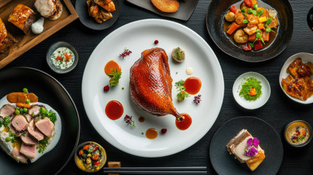 A stunning presentation of roasted duck served on a white plate, garnished with vibrant herbs and sauces, showcasing culinary artistry and flavor.の素材
