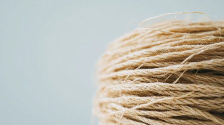 A close-up view of a natural twine coil, showcasing its texture and detail against a soft, neutral background. Perfect for crafting and design projects.の素材