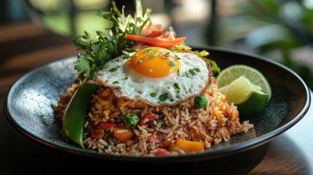 A vibrant plate of fresh fried rice topped with a sunny-side-up egg, garnished with herbs and lime, perfect for a delicious meal or brunch experience.の素材
