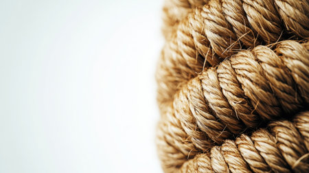 A close-up view of coiled natural rope, showcasing its textured surface and earthy tones. Ideal for backgrounds, crafts, and rustic decor projects.の素材