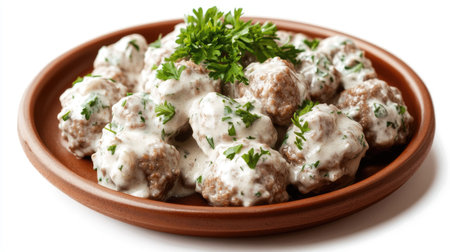 Enjoy a plate of scrumptious Swedish meatballs generously coated in a creamy sauce, garnished with fresh parsley, perfect for any meal or occasion.の素材