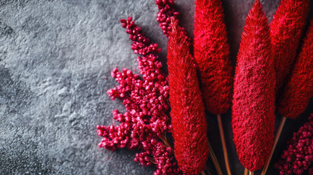 A stunning close-up shot featuring vivid red amaranth powder and flowers, perfect for showcasing natural beauty and elegance in botanical themes.の素材