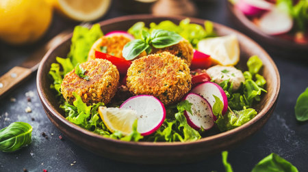 Capture the essence of a delicious falafel served on a fresh salad, showcasing vibrant vegetables and herbs, perfect for food lovers and healthy eaters.の素材
