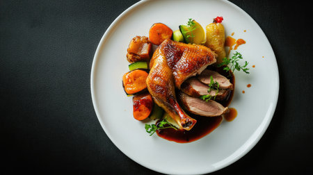 A beautifully plated roasted duck served with fresh vegetables, creating an elegant and appetizing presentation ideal for gourmet dining or culinary photography.の素材