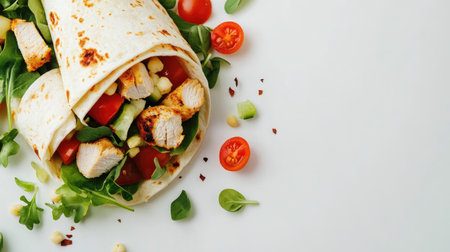 A close-up view of a delicious chicken wrap with fresh vegetables and greens, perfect for a healthy meal. Simple and appetizing, ideal for food photography.の素材