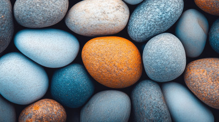 Discover a beautiful assortment of rounded pebbles showcasing a mix of natural colors and textures. Perfect for backgrounds, decoration, or nature-inspired designs.の素材
