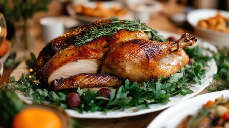 A beautifully presented whole roasted duck garnished with fresh herbs on a white plate. Ideal for festive gatherings and culinary delights.の素材