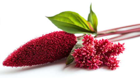 Captivating close-up of red amaranth powder alongside vibrant flowers. This image highlights the natural beauty and rich colors typical of amaranth plants.の素材