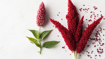 Discover a stunning close-up of red amaranth powder and flowers showcasing vibrant colors and textures, perfect for artistic and decorative inspiration.の素材