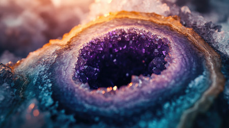 This close-up image showcases a stunning geode with vibrant purple and blue crystals. The intricate details and natural beauty make it an ideal representation of geology and mineral formation.の素材
