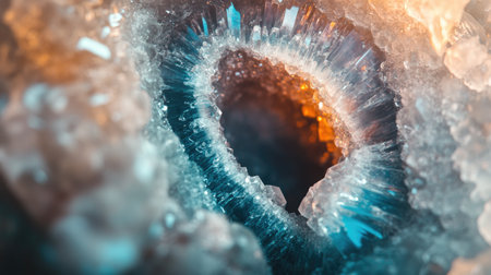 This captivating close-up image showcases the intricate beauty of a geode, featuring vibrant crystals and stunning textures that reflect light beautifully.の素材