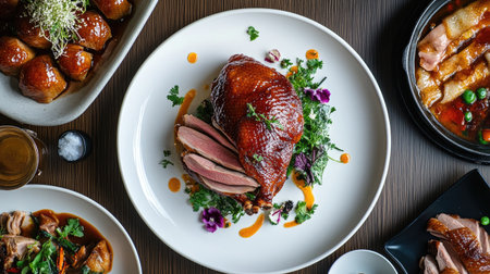 Indulge in a beautifully roasted duck garnished with fresh herbs and vibrant flowers. This elegant dish showcases rich flavors and artistic presentation, perfect for any gourmet occasion.の素材