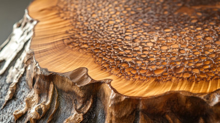 A detailed close-up view of a cross section of a tree trunk, showcasing its intricate patterns and natural textures, ideal for nature-themed projects.の素材