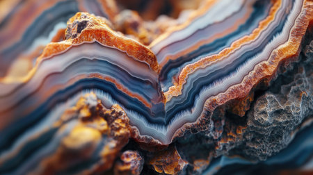 This close-up image showcases the intricate layers and vibrant colors of an agate geode. The stunning patterns and textures reveal nature's artistry, ideal for geological or artistic themes.の素材