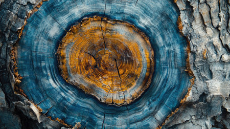 This close-up image showcases the intricate cross section of a tree trunk. Featuring vibrant colors and detailed growth rings, it highlights the natural beauty and richness of wood.の素材