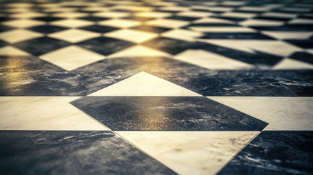 Captivating view of an elegant checkerboard floor pattern, showcasing glossy black and white tiles illuminated by soft light, ideal for design inspiration.の素材