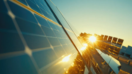 A close-up view of solar panels reflecting sunlight during sunset, showcasing the innovative technology of renewable energy in an eco-friendly landscape.の素材