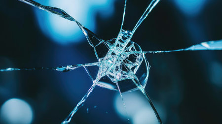 A close-up view of a shattered glass showcasing intricate patterns and stunning light reflections, evoking themes of fragility and disruption.の素材
