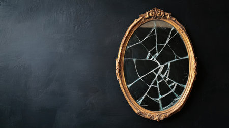 A vintage mirror with a shattered glass surface hangs against a dark wall, creating a poignant contrast that evokes a sense of fragility and beauty.の素材