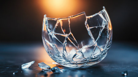 A stunning image of a shattered glass bowl, showcasing intricate shards and beautiful reflections. The warm light adds depth, enhancing its fragile beauty.の素材