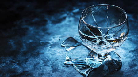 A close-up view of a shattered glass on a dark surface, showcasing sharp fragments and reflections. Perfect for themes of chaos and fragility.の素材