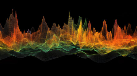 A stunning abstract visualization of sound waves in vibrant colors, showcasing the dynamic energy and movement of audio frequencies in a captivating design.の素材