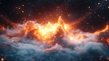 This stunning image captures a cosmic eruption in a nebula, showcasing fiery colors and shimmering stars against a dark, ethereal background, evoking wonder.の素材