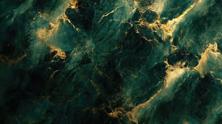 This dark green marble texture features stunning gold veins, creating a captivating blend of elegance and luxury. Perfect for backgrounds, designs, or decor.の素材