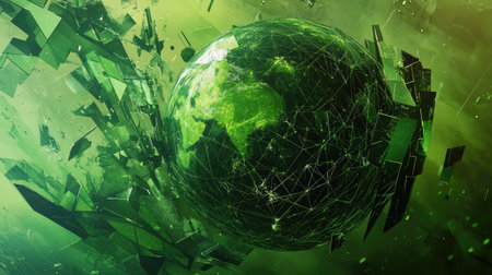 A dynamic green technology concept featuring a digital globe surrounded by abstract shards, symbolizing innovation, sustainability, and environmental connections.の素材
