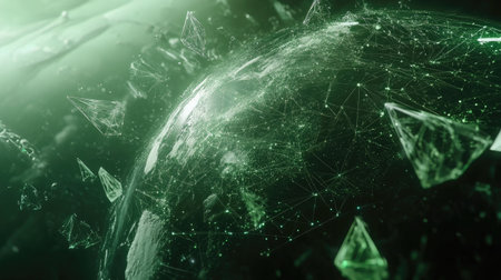 A stunning abstract representation of a green globe with intricate connections and crystal-like structures, symbolizing digital networks and global communication.の素材