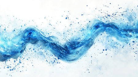 An abstract representation of a blue water wave featuring splashes and swirls, evoking feelings of flow, energy, and freshness in a creative design.の素材