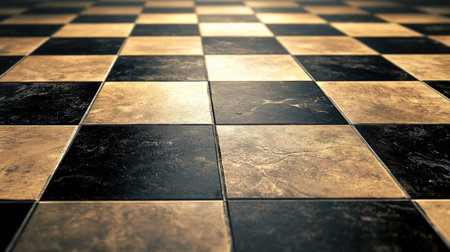 A stunning close-up of an elegant black and gold checkerboard floor, showcasing rich textures and contrast, perfect for home decor or interior design projects.の素材
