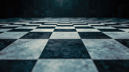 A dramatic view of a dark checkered floor with textured tiles, perfect for minimalist or abstract themes, showcasing elegance and depth in design.の素材