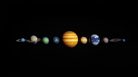 A mesmerizing depiction of the solar system featuring planets aligned against a dark backdrop, showcasing their unique colors and textures. Perfect for educational and artistic use.の素材