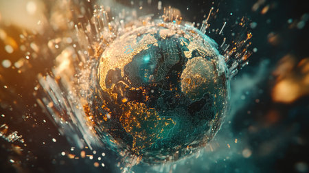 An abstract representation of the Earth globe showcasing digital elements, illuminated by vibrant colors. This artwork symbolizes technology, global connectivity, and innovation.の素材