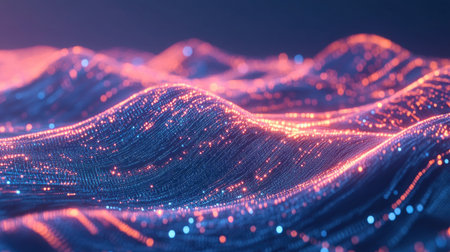 A mesmerizing abstract landscape featuring glowing waves of digital light, creating a vibrant and captivating atmosphere. Perfect for technology themes.の素材