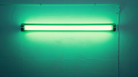A vibrant green neon light strip mounted on a wall adds modern illumination to a dark room, enhancing the atmosphere with its bright and vivid glow.の素材