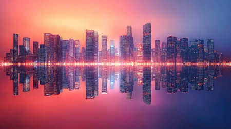 A stunning view of a city's skyline at dusk, featuring vibrant colors and reflections on water. The serene urban landscape showcases modern architecture and illuminated structures.の素材
