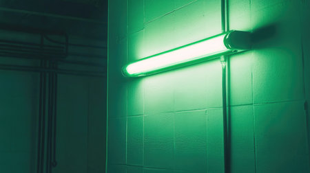 A striking neon green light fixture illuminates an industrial wall, creating a vibrant atmosphere. Perfect for modern interior design projects.の素材