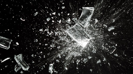 Stunning image of glass shattering with shards flying across a dark background, creating a striking visual effect that conveys energy and chaos.の素材