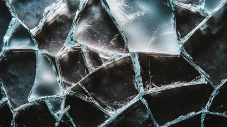 A close-up view of broken glass fragments showcasing intricate patterns and textures. The interplay of light and shadows creates an abstract visual effect, highlighting the fragile beauty of the shattered surface.の素材