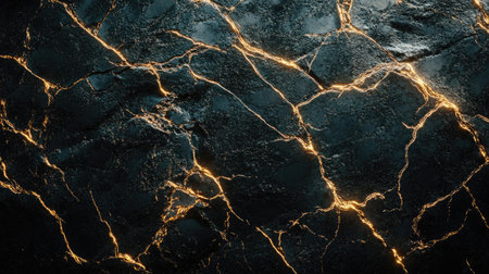 A captivating dark cracked surface featuring glowing lines of light. Ideal for backgrounds, textures, and abstract artwork, this image offers a striking visual impact.の素材