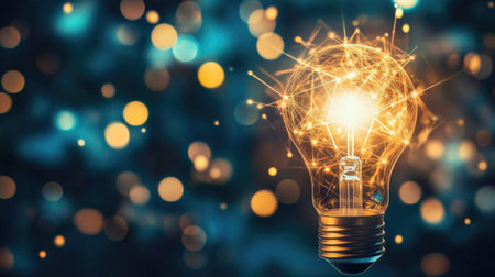 A vibrant light bulb with glowing sparks represents creativity and inspiration against a dreamy bokeh background. Ideal for concepts involving ideas and innovation.の素材