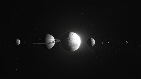Stunning cosmic illustration showcasing the planets of the solar system against a dark backdrop, emphasizing their unique features and orbits.の素材