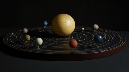 A beautifully crafted solar system model showcasing planets and their orbits around the sun, ideal for education and decorative purposes in astronomy.の素材