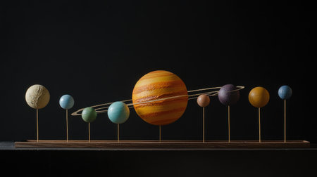 A beautifully crafted solar system model featuring vibrant planets on a sleek wooden stand. Perfect for educational purposes or as a decorative art piece.の素材